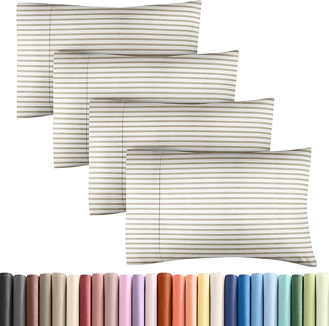 Queen Pillow Cases Set of 4 - Ultra Soft Hotel Quality Pillowcase Covers - Comfy, Cozy & Wrinkle Free - Shrinkage & Fade Resistant - Machine Washable Pillow Protectors - 4 Piece Set - Beige Stripes 2