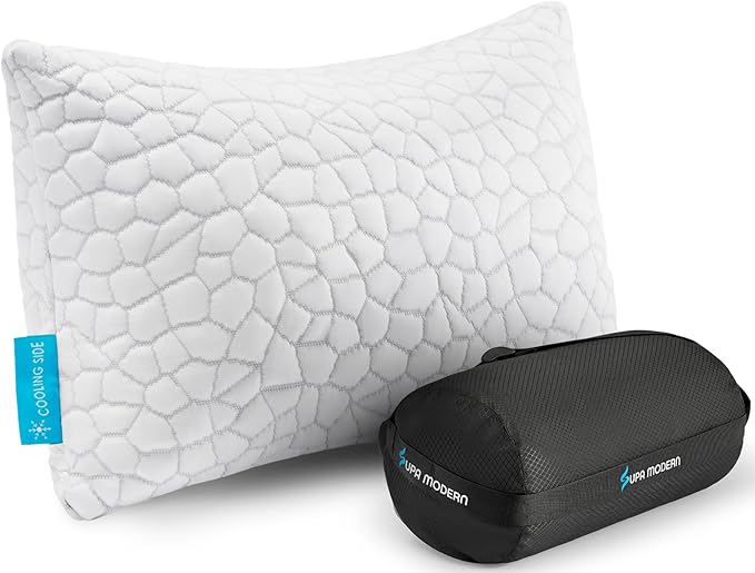 SUPA MODERN Cooling Bed Pillows for Sleeping 1 Pack Small Shredded Memory Foam Pillow Camping Travel Pillow - Compressible Medium Firm, Breathable Cover, ldeal Backpacking Hiking, Airplane and Car