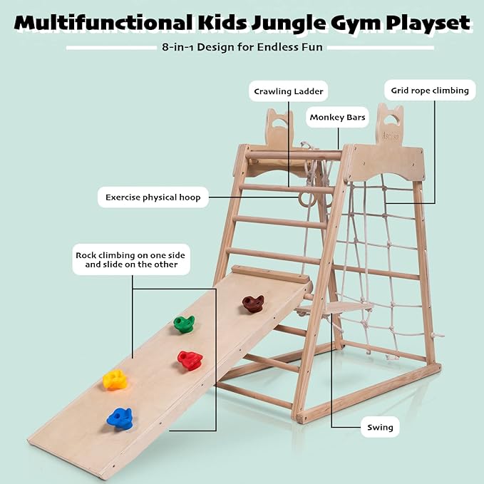 Jungle Gym Indoor (8 in 1) Wooden Indoor Playground, Toddler Wooden Climbing Toys, Montessori Playset, Gym with Slide, Climbing Net, Swing, Tent, Gymnastics Ring…