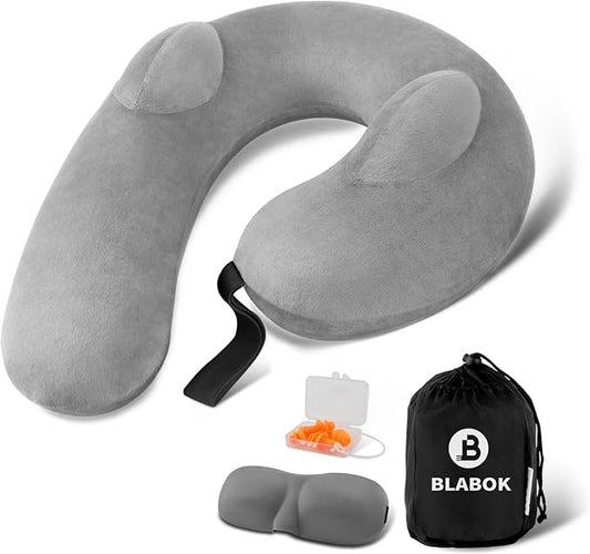 BLABOK Inflatable Neck Pillow for Travel, Travel Pillow Support Head and Neck, Travel Neck Pillow for Airplane,Train,Car,Office,Home,Washable Cover (Grey)