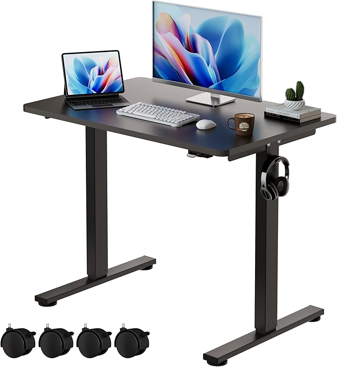 Okin Electric Standing Desk, 40 x 24 Inches Whole Piece Height Adjustable Desk, Black Sit to Stand Desks Computer Workstation with Wheels for Home Office