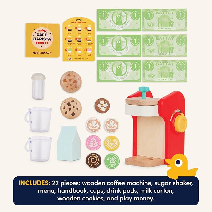 Battat Education – Wooden Barista Playset – Toy Coffee Maker & Accessories with Realistic Sounds(22 Pieces) – Pretend Play Toy – Play Kitchen Toys – 2 Years + – Mini Barista