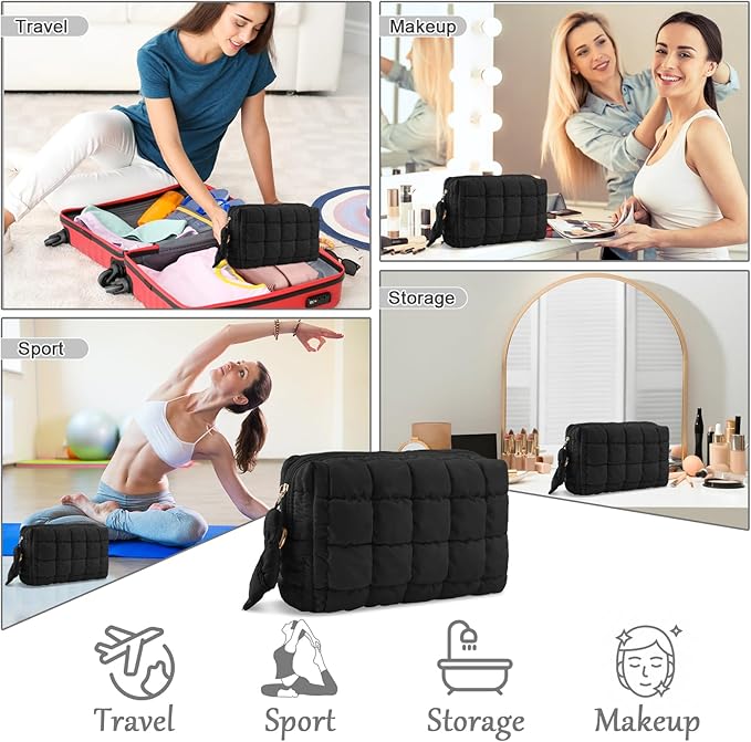 Puffer Quilted Makeup Bag Cosmetic Bags,Puffy Travel Toiletry Pouch for Women,Cute Checkered Zipper Bag Travel Essential,Portable Aesthetic Make up Organizer Bag for Gifts Work Daily(Black,M)
