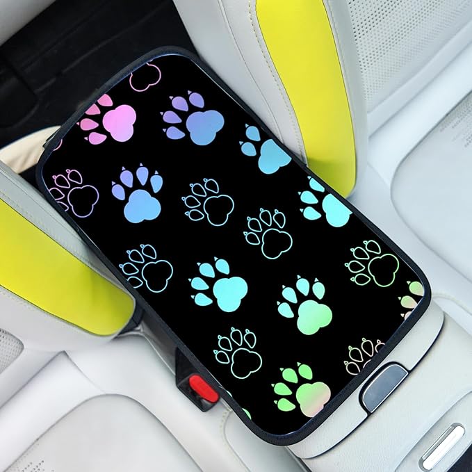 Auto Center Console Cover, Car Armrest Box Pad,Black Dog Paw Print Soft Waterproof Auto Armrest Seat Box Cover Protector for Most Vehicle SUV Truck Car