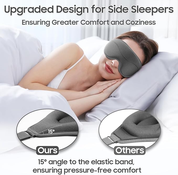 MOEASEii Sleep Mask - Total Blackout 3D Sleeping Mask, Super Lightweight & Silky Soft Eye Mask for Sleeping, Fully Adjustable Fit for Home, Office, Traveling, Meditation, Yoga, Gray