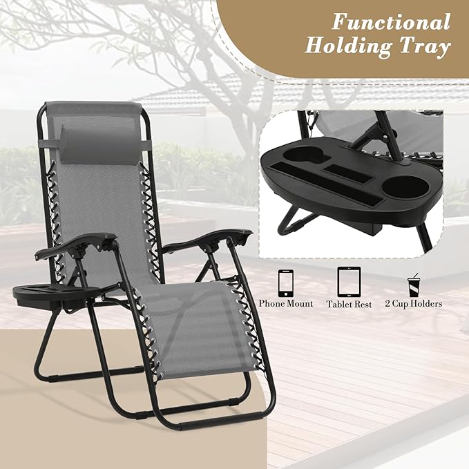 Athena Collection Zero Gravity Outdoor Lounge Chair Set of 2 with Cup Holder, 25" Width Pool Lounge Lawn Chairs Reclining, Outdoor Chaise for Beach Patio Backyard Outside, Grey