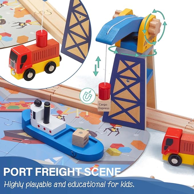 Giant bean 117 Pcs Busy Port City Train Set for Kids- Expandable & Changeable Wooden Train Track Set Toddler Toy, for Boys & Girls Ages 3+