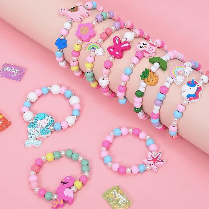 G.C 24 Pcs Girls Bracelets Jewelry for Kids Cute Unicorn Mermaid Animal Pendant Colorful Wooden Beaded Bracelets Princess Pretend Play Gifts for Toddlers