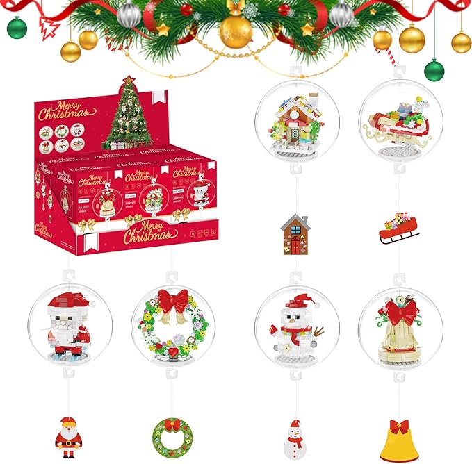 BADHACK 6 Pack - 2024 Christmas Ornaments Micro Building Blocks Sets - Xmas House Santa Claus Snowman Wreath Sleigh Bells Mini Building Toys - Christmas Ornaments for Kids Adults - 1494 PCS