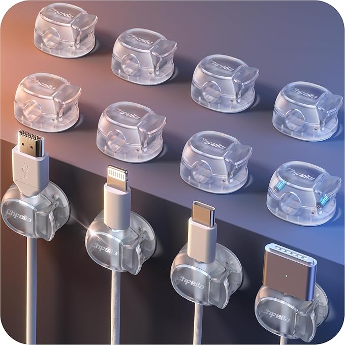 12Pack Cable Clips - Chfeila Latest Dual Spring Cord Organizer with Clasp Lock, [Max Stability] Desk Cable Management, Adhesive Phone Charging Wire Holder for Nightstand/Car/Wall, Office Accessory