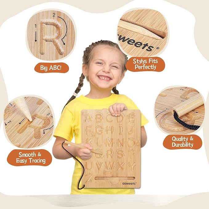 Asweets Montessori Wooden Alphabet Tracing Board, Wood Letter Practicing Board,Double-Sided Boards for Toddlers and Preschool Gifts for Kids(1 Piece)