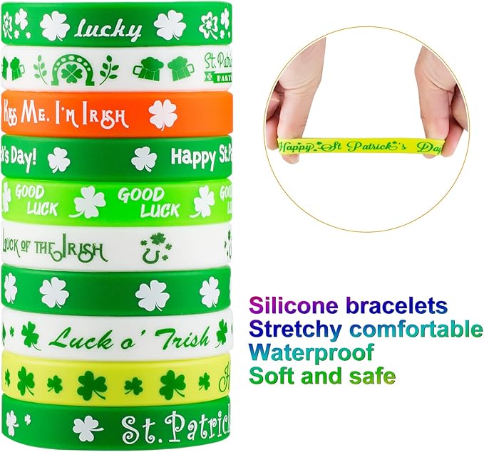 30pcs St. Patrick's Day Rubber Bracelets Silicone Wristbands for St. Patrick's Day Party Favors Supplies Shamrock Rubber Bracelets for kids&teens Gifts Holiday Party Favor Accessories Sets