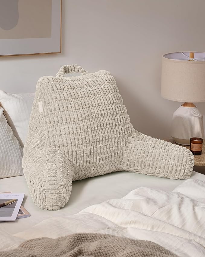 Blissful Diary Reading Pillow, Large Backrest Pillow with Shredded Memory Foam for Adult & Children, Designed for Bed and Couch Sitting Up, Includes Arms, Pockets and Washable Cover, Off White