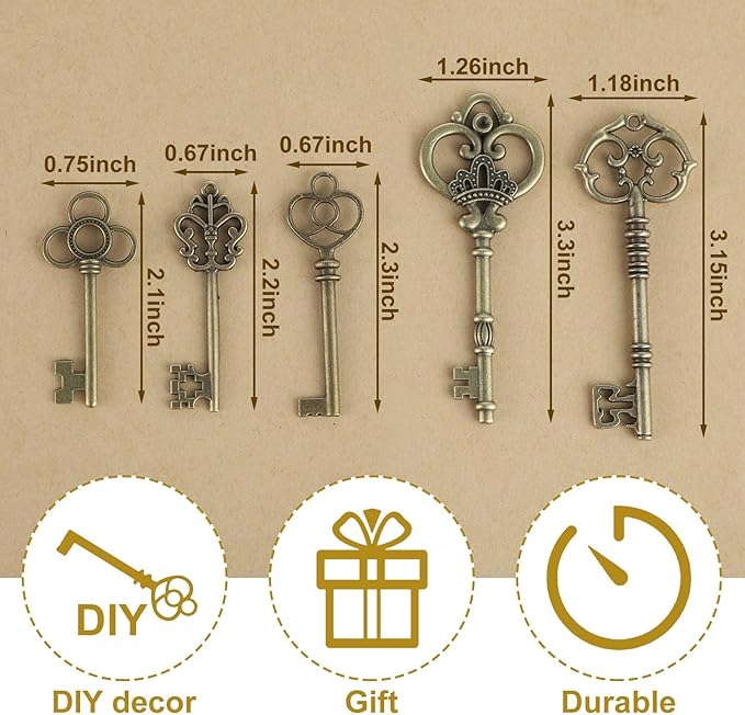 Fumete 100 Pcs Large Vintage Skeleton Key Set Charms Mixed Antique Style Brass Key Set Charms Old Fake Antique Rustic Supplies for DIY Crafts Jewelry Making Necklace Party Decor Decoration(Bronze)