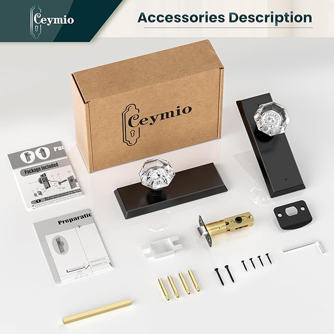 Glass Door Knobs for Interior Doors - Vintage Crystal Passage Closet & Hallway Door Knob - Diamond Cut Door Handle - Matte Black Finish (1 Pack)