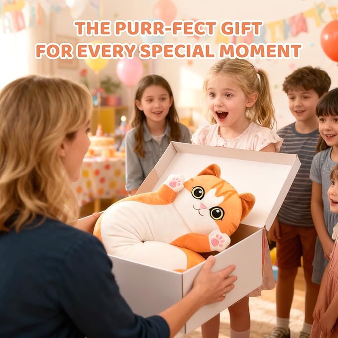 Mewaii Artist-Designed Ultra Soft Long Cat Plush Body Pillow, Extra Stuffing for Comfort, Premium Quality Stuffed Animal Gift for Girlfriend or Cat Lovers (Orange M-Marked Body Pillow 20 Inch)