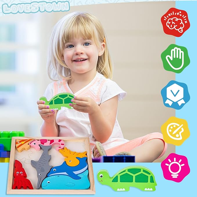 LovesTown 12PCS Wooden Stacking Puzzles, Educational Toys Sea Animal Chunky Jigsaw Puzzles for Kids