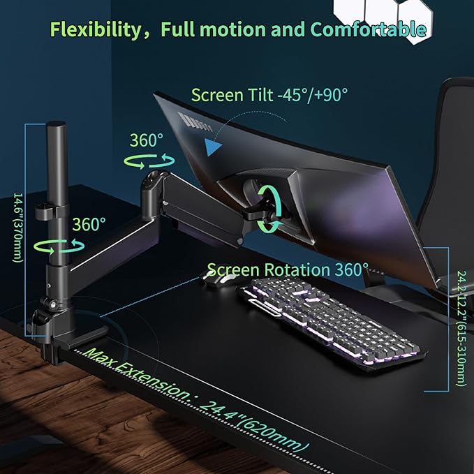 GUZHIKU Monitor Arm for 17 to 60 inch, Hold 44 lbs, Fully Adjustable Heavy Duty Desk Mount, Monitor Stand Fit 57 55 49", Ultrawide Monitors Bracket Clamp/Grommet Base VESA 75x75/100x100, Black,H9B