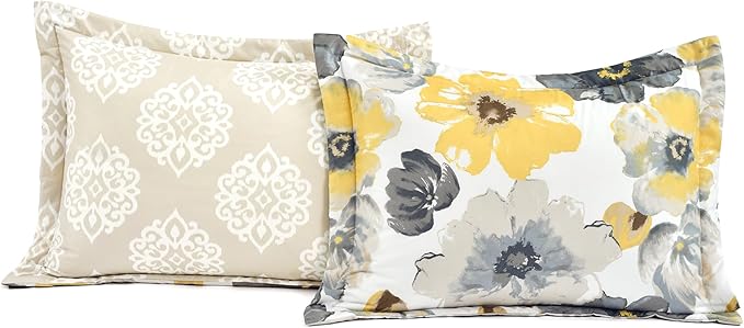 Lush Decor Leah Reversible Comforter Set, 6 Piece Set, King, Yellow & Gray- Watercolor Botanical Comforter Queen Size-Farmhouse Florals Bedding Decor
