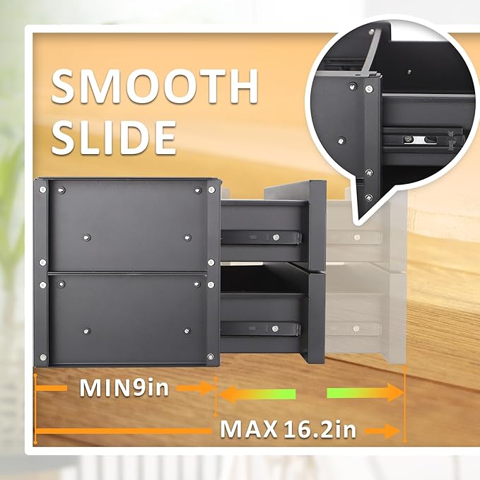 15 in 2-tier Under Desk Drawer,Adjustable Height, Pull out Storage Organizer with Slide Extension Mounted Under Flat Wooden Table or Workbench, Carbon Steel Hidden Desk Drawer