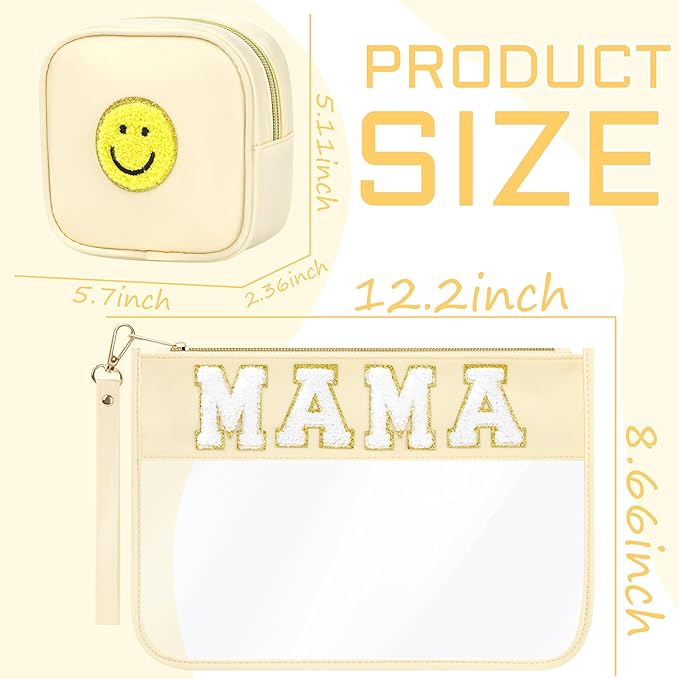 BuyCard 2 Pcs Preppy Patch Clear Mama Bag, Women Chenille Letter Makeup Cosmetic Bag for Travel, PVC Waterproof Organization Outdoor Zipper Pouch Toiletry Bag for Women Girl