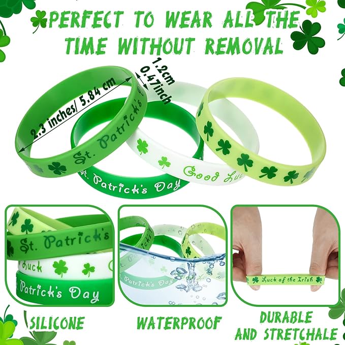48 Pieces St Patrick's Day Rubber Wristbands St Patrick's Day Accessories Shamrock Bracelets Green Shamrock Irish Bracelets St. Patrick's Day Party Favors Supplies