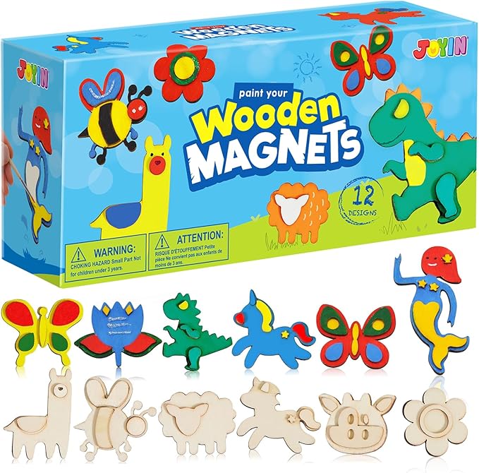 JOYIN 12 pcs Wooden Magnets, Spring Arts & Crafts for Boys and Girls, Children Painting Craft Activities Kit, Craft Toys Gifts for Birthday Easter
