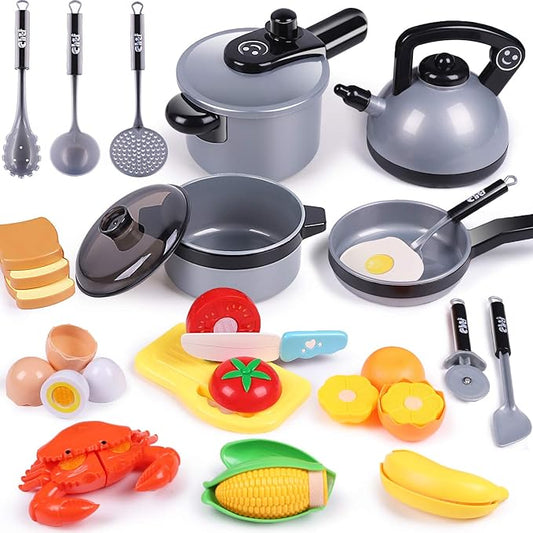 iPlay, iLearn Kids Kitchen Toy Accessories, Toddler Cooking Playset, Pretend Pots Pans Set, Girls Cookware Appliance, Child Cutting Food Utensils, Valentine's Easter Gift for 3 4 5 Years Old Boys-Gray