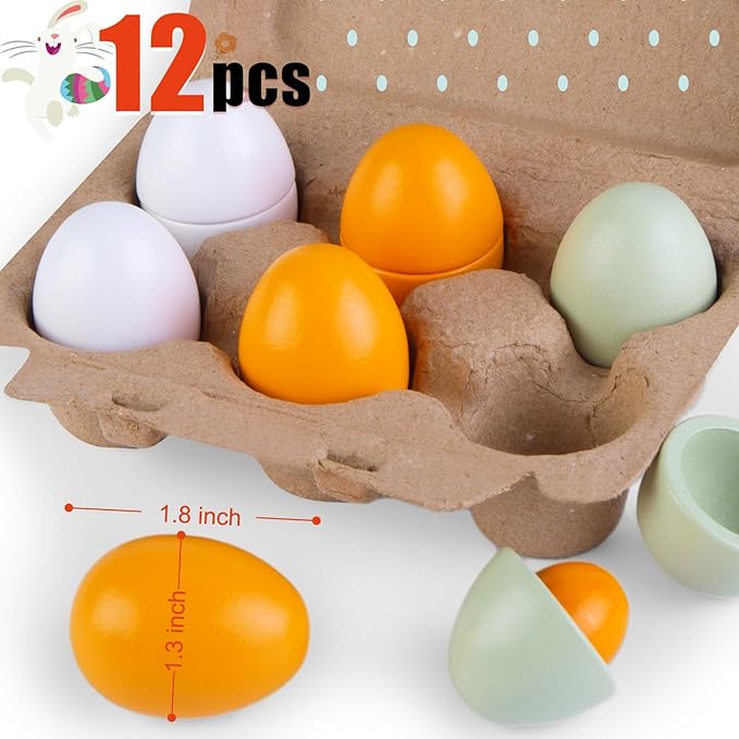 3 Otters 12PCS Egg Play Food Set for Kids Kitchen, Wooden Egg Toys Pretend Separable Egg with Yolk Painting Eggs for Kids Early Development Learning Birthday
