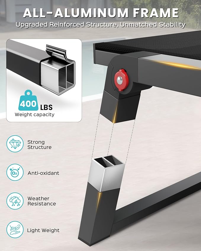 Aluminum Chaise Lounge Outdoor Set of 2, Foldable & Assembly Free Patio Pool Lounge Chairs 5-Position Recliner for Outside Poolside, Fully Grounded Legs Sun Lounger for Beach, Yard, Black