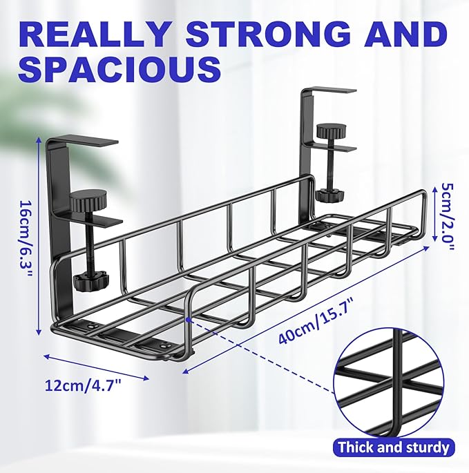 15.7” Under Desk Cable Management Tray, No Drill Steel Cable Tray Organizers, Wire Management Tray Cable Rack with Clamp Mount, Metal Under Desk Tray with Wire and Cord Organizer (Black, 1 Pack)