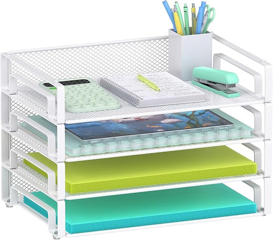 Samstar 4 Pack White Stackable Letter Paper Tray, Desk File Organizer Paper Sorter for Letter/A4 Size Folders Documents, Mesh Made,White