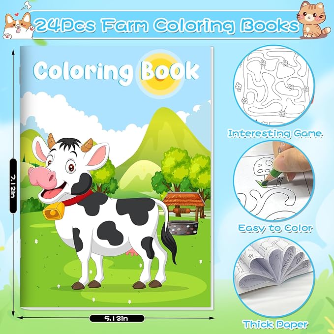 24Pcs Farm Animals Mini Coloring Books for Kids Party Favors Bulk Gift Cows Horses Barns Small Art Drawing Book for Goodie Bags Stuffer for Holiday Birthday Party School Classroom Activity Supplies
