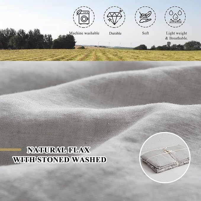 Simple&Opulence 100% Linen Duvet Cover Set, 3 PCS Natural French Flax Light Grey Ruffle Duvet Cover Full Size, Breathable Comfy Linen Bedding Comforter Cover with 2 Pillowcases (Light Grey, 78" X 86")