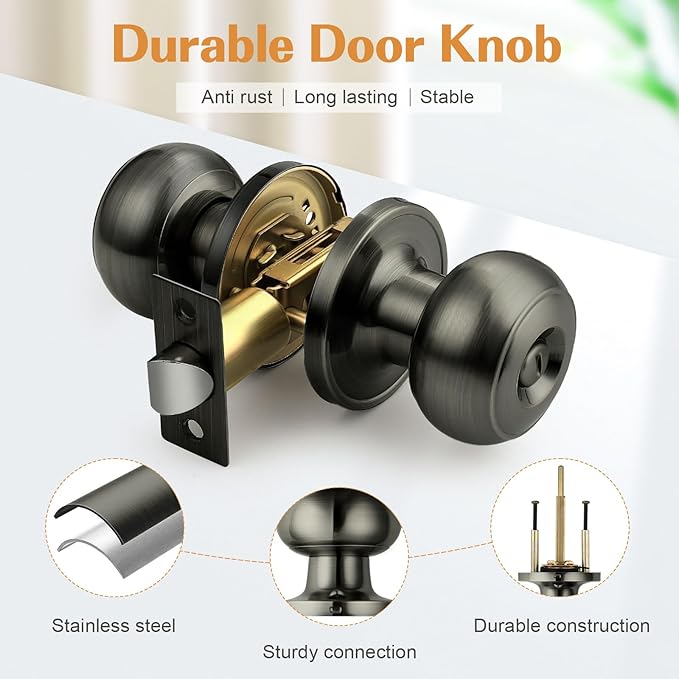 Probrico Satin Gunmetal Door Knobs for Bedroom Bathroom, Interior Door Knob with Round Ball, Grey Privacy Door Knob, 3 Pack