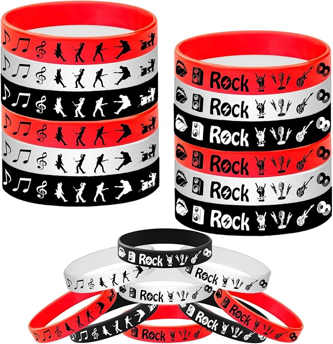 24PCS Rock and Roll Rubber Bracelets Silicone Wristbands -80s 90s Party Supplies Musician Guitar Rap Birthday Baby Shower Party Favors