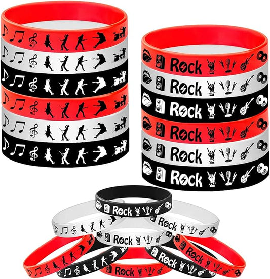 24PCS Rock and Roll Rubber Bracelets Silicone Wristbands -80s 90s Party Supplies Musician Guitar Rap Birthday Baby Shower Party Favors