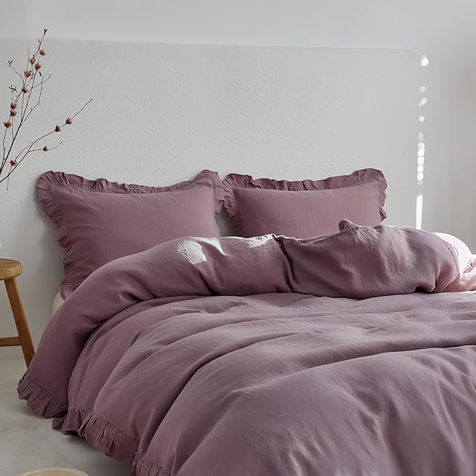 Simple&Opulence 100% Linen Duvet Cover Set, 3 PCS Natural French Flax Purple Ruffle Duvet Cover King Size, Breathable Comfy Linen Bedding Comforter Cover with 2 Pillowcases (Purple, 104" X 92")