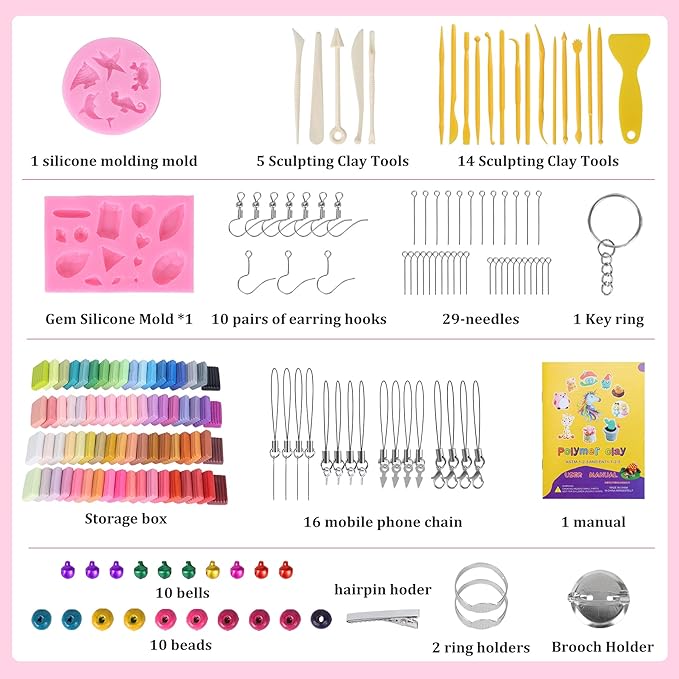 Aestd-ST Polymer Clay Kits 72Colors, Modeling Clay for Kids, Non-Stick Molding Oven Bake Clay with 20 Sculpting Tools and 82 DIY Accessories, Craft Gift for Children and Adults.