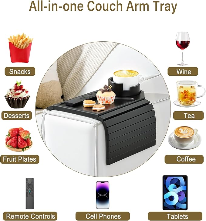 Couch Arm Tray, Bamboo Sofa Table for Couch, Sofa Arm Tray with Cup Holder, Non-Slip Armrest Organizer for Drink, Cup, Snack, Control, Easy to Clean, Black