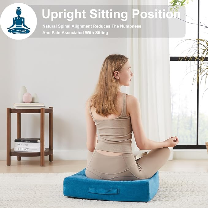 2 Pcs High Density Foam Floor Pillow - Upgraded Large Pillows Seating for Adults - Outdoor Floor Cushion with Soft Tufted Cover - Yoga Pillows for Sitting On Floor - 22 Inch Peacock Blue