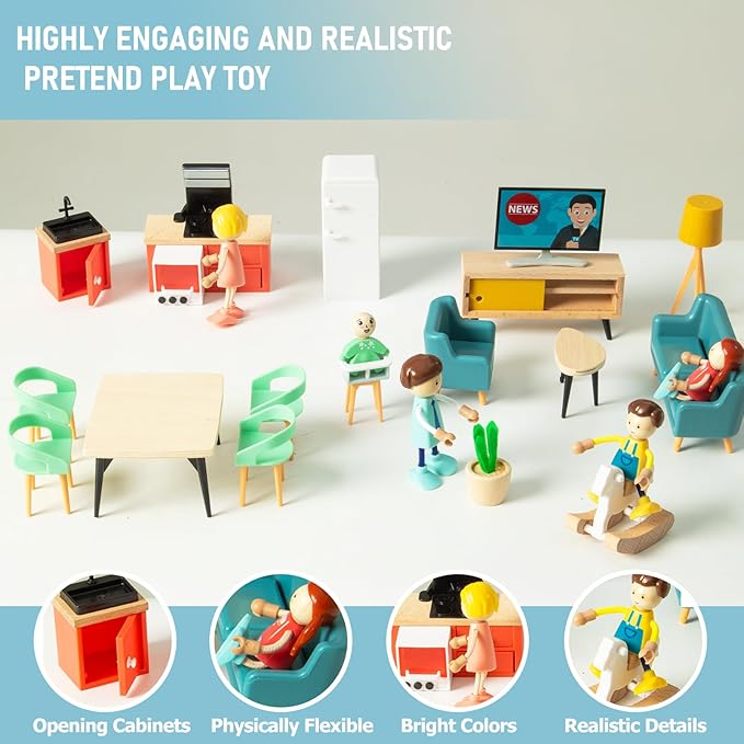 43PCS Wooden Dollhouse Furniture Set for Kids Toddlers 3Y+,Wood and Plastic Blue Dollhouse Accessories, Pretend Play Furniture Toys Christmas Birthday Gift for Boys Girls