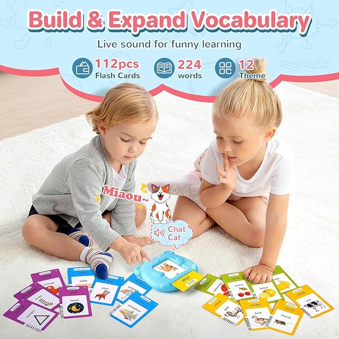 French & English Talking Flash Cards for Toddler 1-6 Year Olds, Learning Montessori Toys with 224 Sight Words, Speech Therapy Toys, Children's Sensory Preschool Learning Educational Birthday Gifts