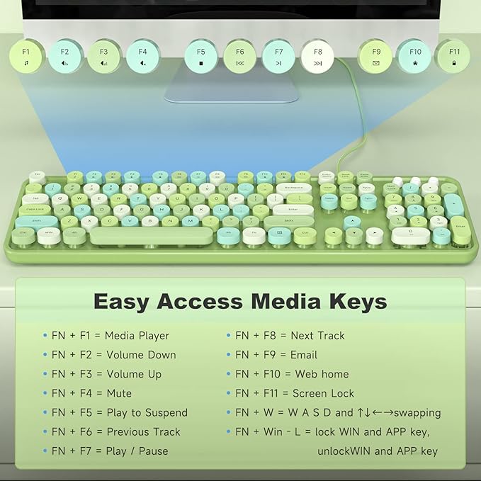 Computer Keyboard Wired, Plug Play USB Retro Round Typewriter Keyboard, Full Size Wired Keyboard with Foldable Stands for Laptop and Office PC - Green Colorful