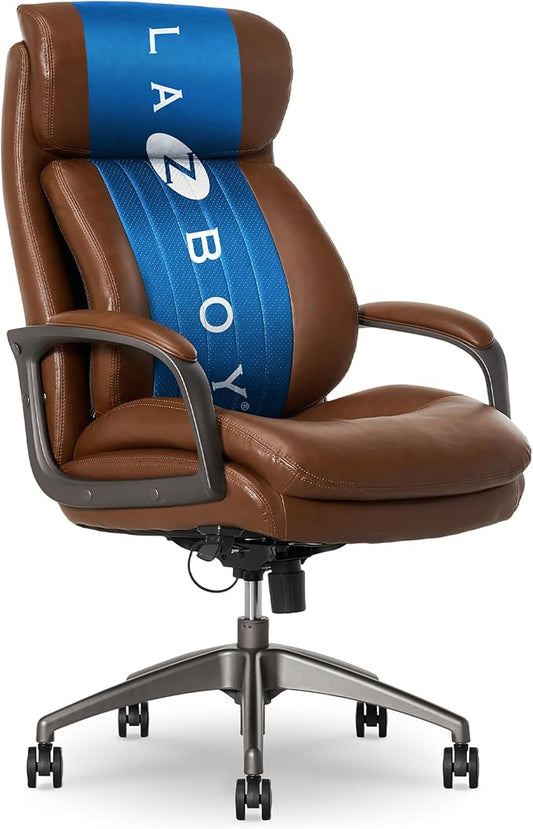 La-Z-Boy Nova Vegan Leather Modern Executive Ergonomic Design Office Chair, Memory Foam Thick Contoured Seat Back with Patented Lumbar Support Technology, Soft to Medium Sit Comfort, Cognac