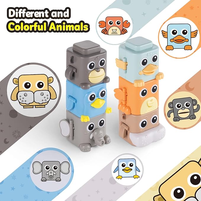 Stacking Toys for Toddlers, 6 Pcs Cause and Effect Toys Animal Push Game, Sensory Montessori Fine Motor Skills Fidget Toys for Ages 2 3 4 5 6 Year Old Boys Girls Kids Birthday Gifts