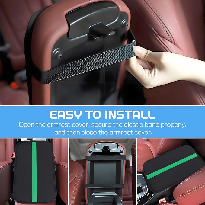 wuyaoyao Car Center Console Cover, 12.6"×7.87" PU Leather Armrest Cover for Cars, Stylish Auto Armrest Cushion Pad, Waterproof Vehicle Arm Rest Protector, Interior Car Accessories (Black+Green)