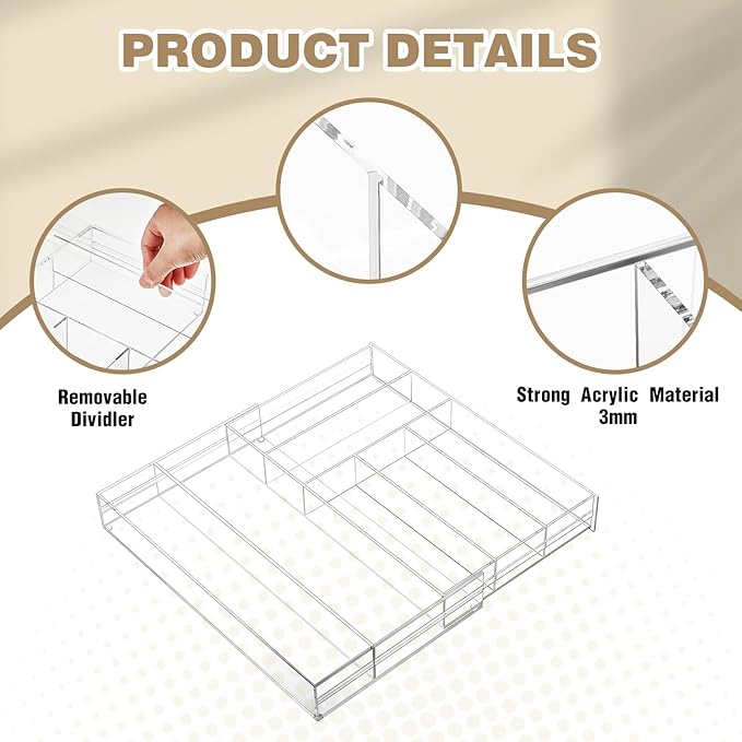 Briwooody 1 Pcs Acrylic Drawer Organizer 9'' up to 18'' x 15'' x 2'' Expandable Drawer Organizer Pens Notebook Ruler Makeup Tray with 7 Adjustable Compartments for Desk Office Kitchen Bathroom(Clear)