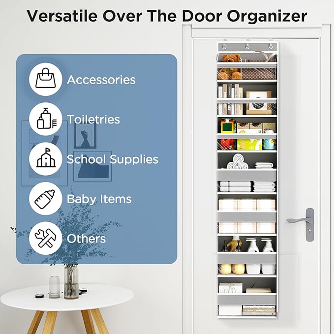 Over The Door Organizer, 7 Tier Door Hanging Organizers with 7 Large Pockets 12 Side Pockets, Behind Door Storage Hanging Shelves for Closet Bathroom Bedroom Nursery