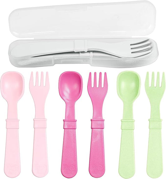 Re-Play Made in USA Toddler Forks and Spoons, Pack of 8 With Carrying Case - 4 Kids Forks with Rounded Tips and 4 Deep Scoop Toddler Spoons - 0.2" Thick Toddler Utensils with Case, Blossom
